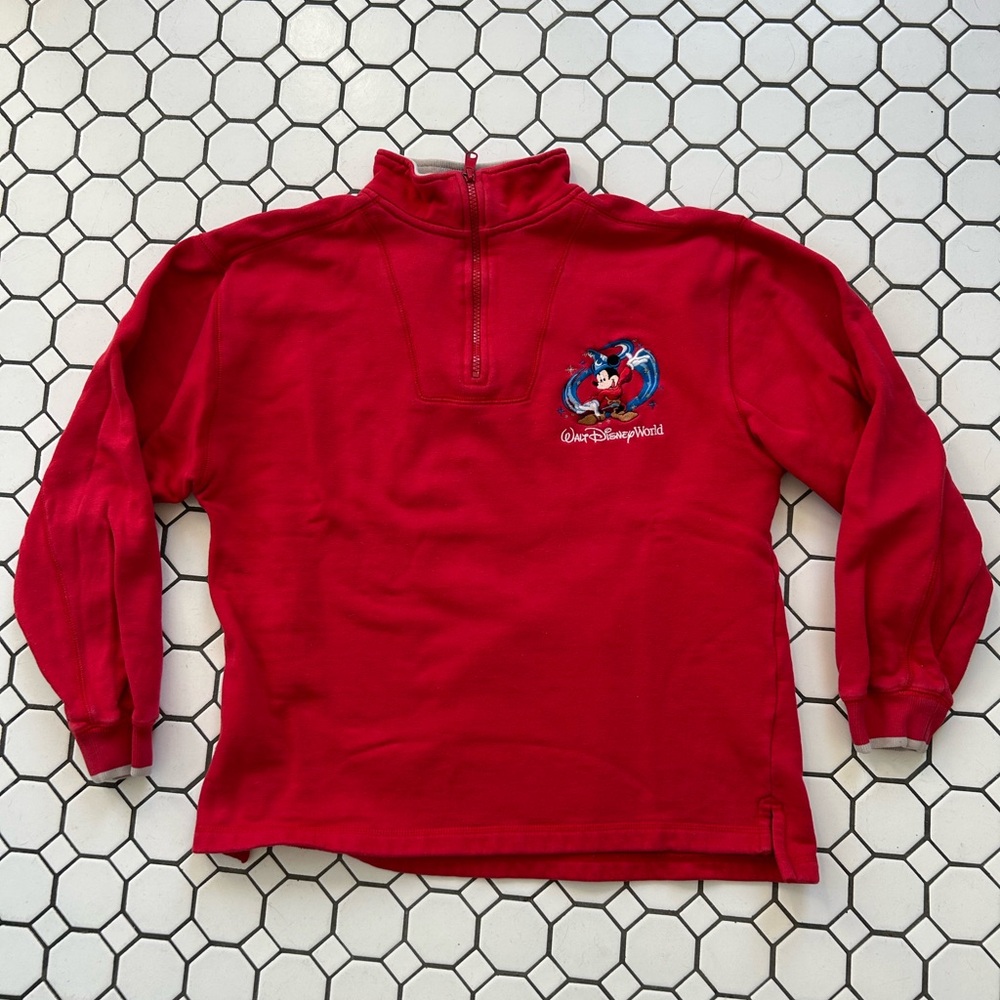 VINTAGE Disney Sweater small Red 1/4 Zip Pullover Fantasia Mickey Mouse